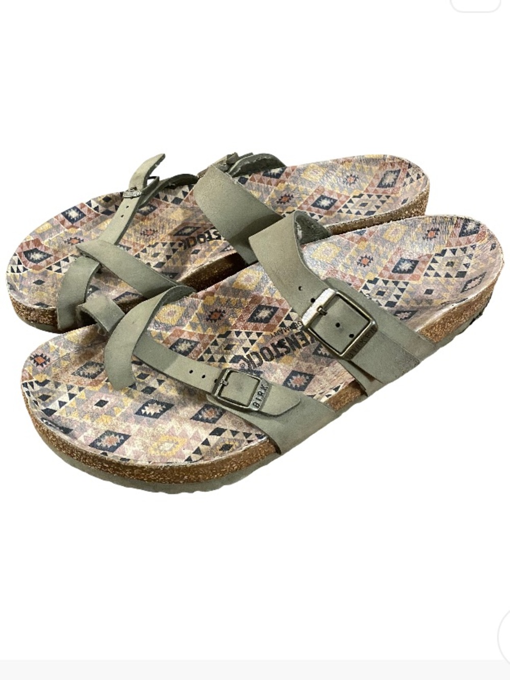 Birkenstock Mayari vegan leather gray strap patterned footbed Ethno sandals EU41